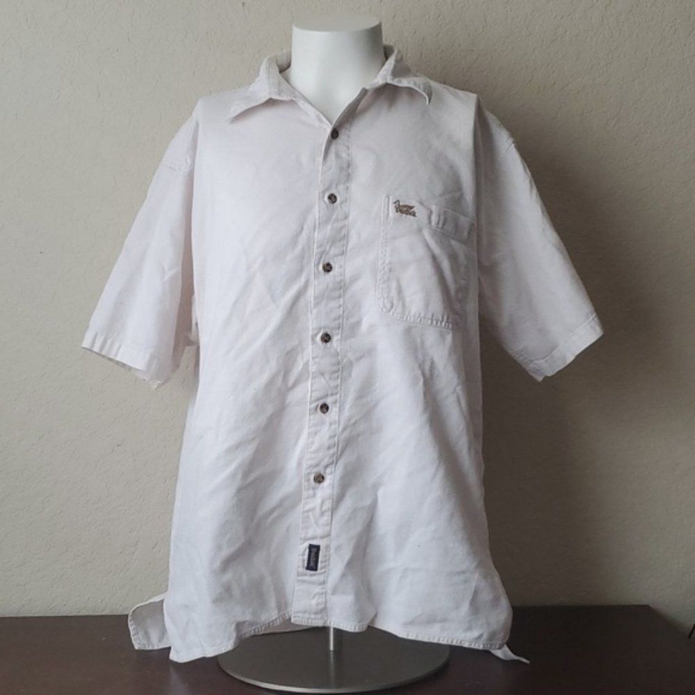 VTG Duxbak Cotton Camp Shirt Size Large White Short Sleeve Sportman Duck Logo